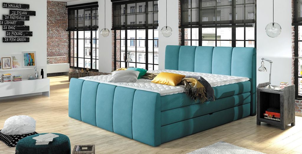 Boxspringbett Betten Blau 180x200 Schlaf Zimmer Textil Hotel Bett Polster Design