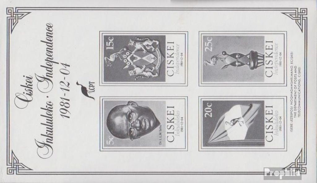 Briefmarken Südafrika - Ciskei 1981 Mi 1-4S (kompl.Ausg.) als Gedenkblock, nicht frankaturgültig postfrisch Unabhängigkeit