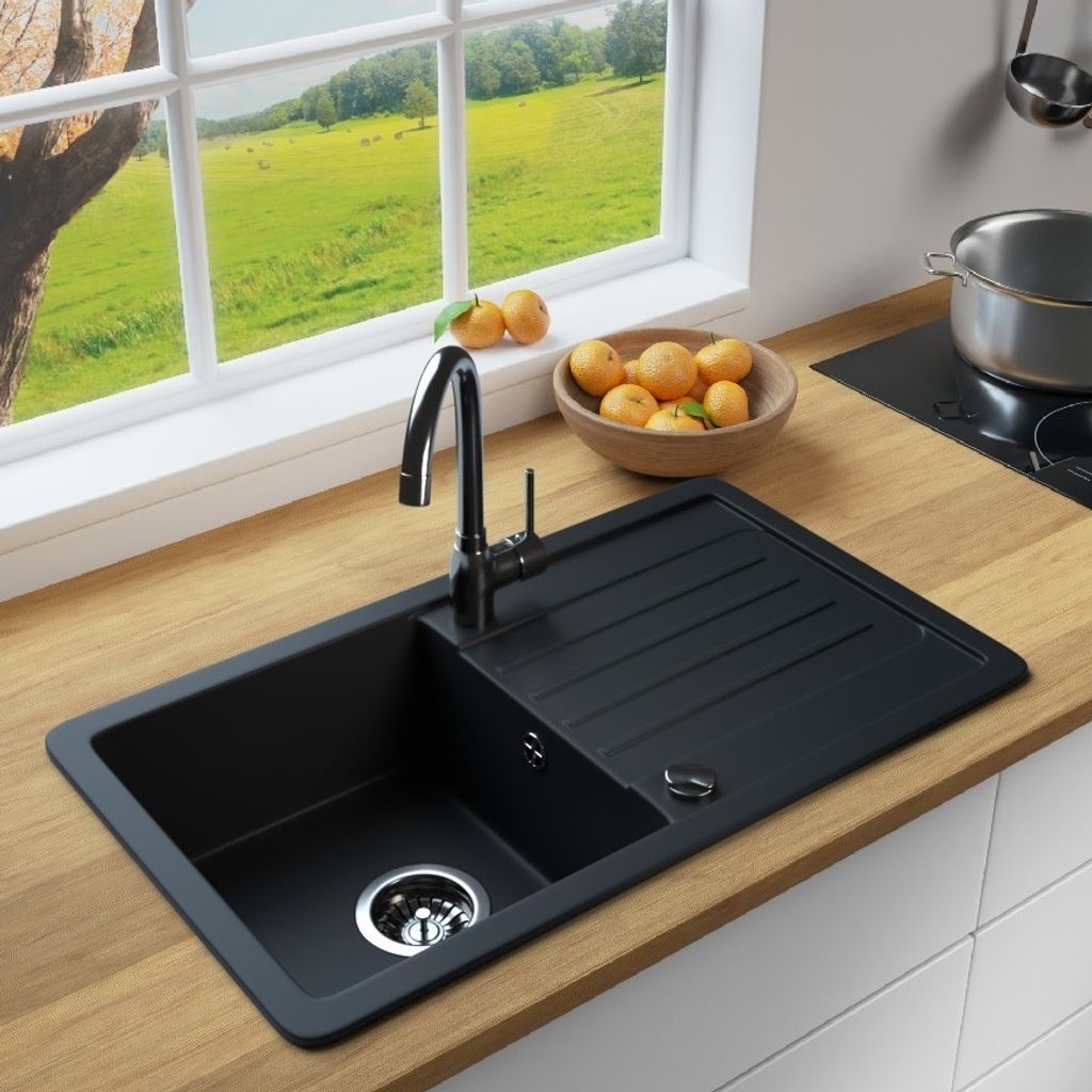 MIT ARMATUR - Rein Schwarz LINDBERGH Antibakterielle Granit Spüle "VEL44" + "1-Helia" Einbauspüle Küchenspüle Spülbecken