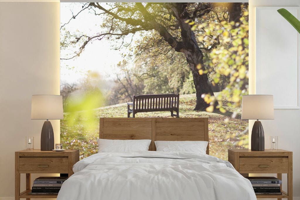 MuchoWow Fototapete für Wohnzimmer oder Schlafzimmer Wandtapete Vinyl Motivtapete Herbst - Wald - Bank - 220x220 cm - Tapeten