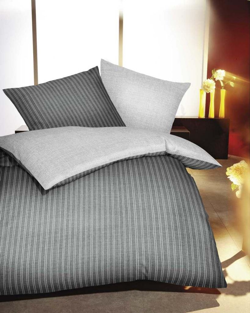 Kaeppel Satin Bettwäsche Mako Eternity Combo Streifen 100% Baumwolle Reißverschluss Bettbezug Kissenbezug Bettgarnitur Bettzeug 200x200 cm Schiefer
