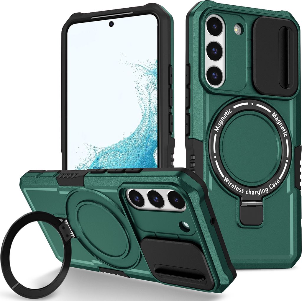 Handyhülle für Samsung Galaxy S22 5G Kompatibel mit MagSafe, Robuste Hülle mit Schiebe Kamera Schutz, Magnetischer Ringständer Dunkelgrün