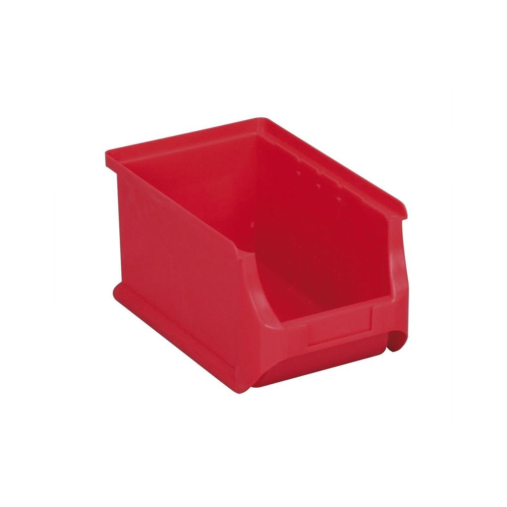 A red plastic storage bin is shown against a white background.