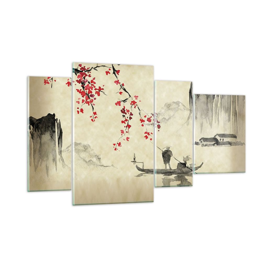 Bilder auf glas - 4 Teile - Blume Kirschen Japan - 120x70cm - Glasbilder - Wandbilder - Bilder - zum Aufhängen bereit - Wanddekoration aus Glas - ...