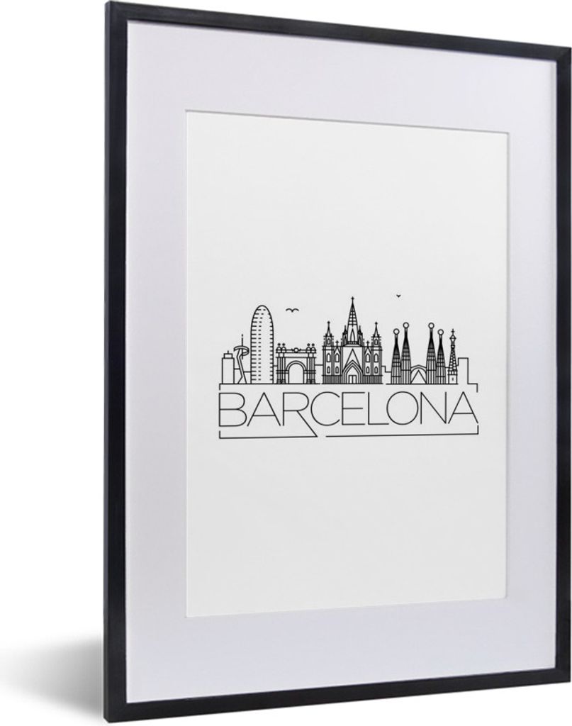 MuchoWow MuchoWow Gerahmtes Poster Skyline von Barcelona" auf weißem Hintergrund 30x40 cm - Poster mit zchwarzem Bilderrahmen - Wandposter Sch...