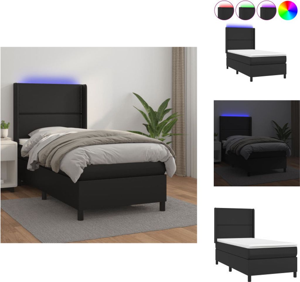 vidaXL Boxspringbett mit Matratze & LED Schwarz 90x200 cm Kunstleder - Betten & Bettgestelle