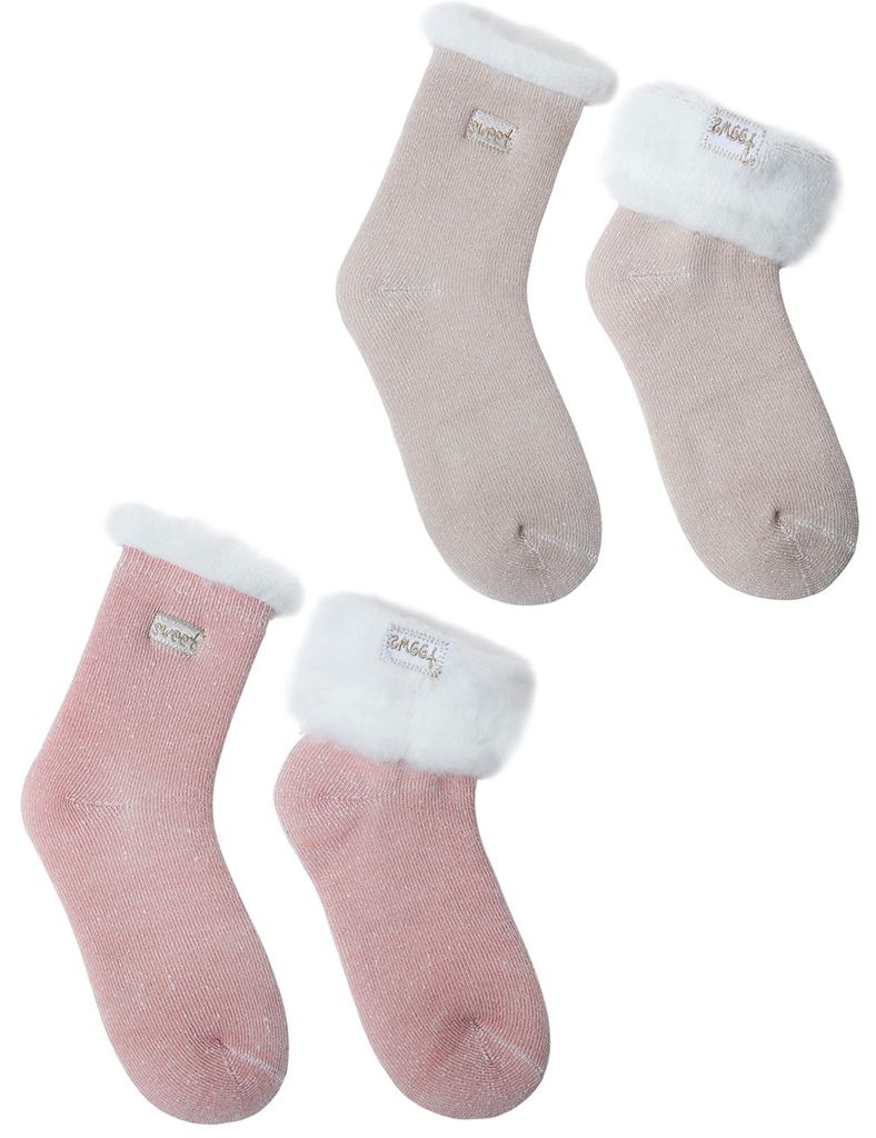 2 Paar Damen Thermosocken „Sweet“ – Warme Kuschel-Haussocken in Rosa & Beige, (Größe 36–42), A0319
