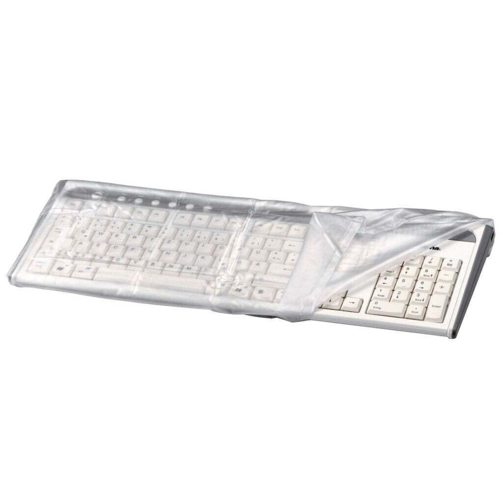 A keyboard covered by a transparent protective cover, shown from a slightly elevated side angle against a white background.