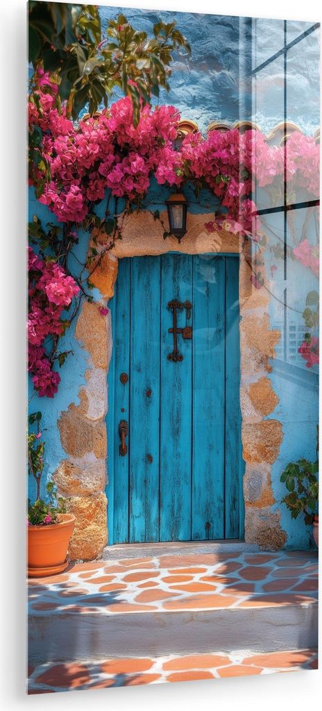 MuchoWow Glasbilder - Bilder auf Wandbild - Foto auf Glas Tür - Holz - Blumen - Blau 40x80 cm Wanddekoration aus Glas - Acrylglasbild - Acrylbilde...