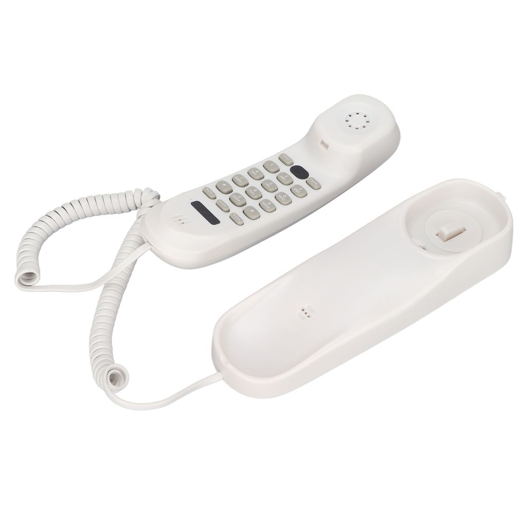 A white corded telephone handset and its base are shown against a white background.