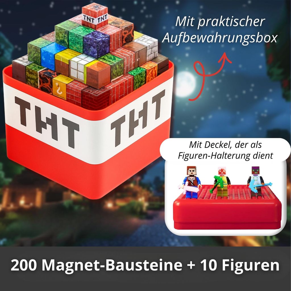Magnetische Bausteine 200-teilig mit 10 Figuren & Aufbewahrungsbox – Magnetwürfel Konstruktionsspielzeug für Kinder Jungen & Mädchen – Lerns...