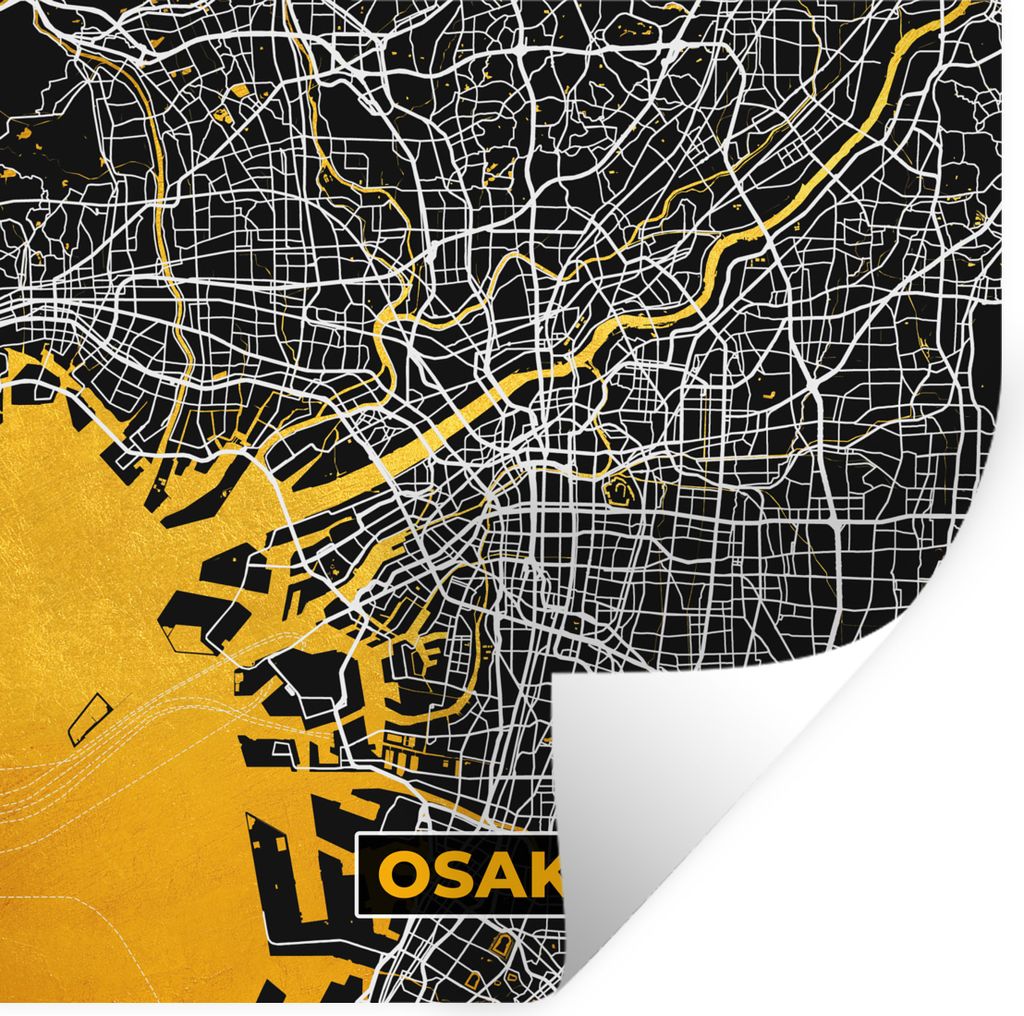 MuchoWow Wandtattoo Wandsticker Wandaufkleber Gold - Osaka - Stadtplan - Karte 50x50 cm Selbstklebend und Repositionierbar - Selbstklebend - Foto...