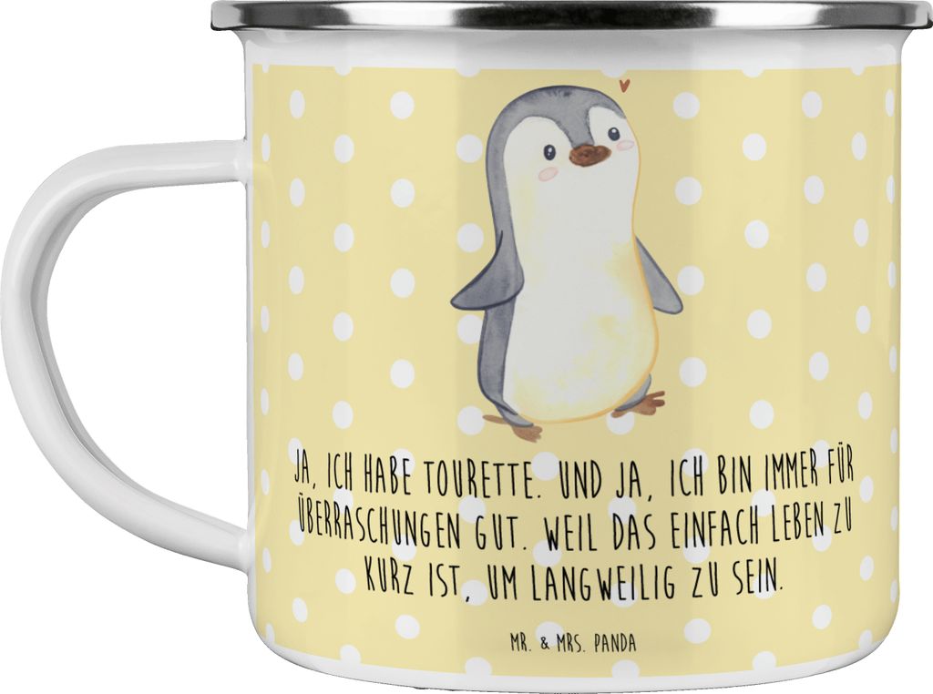 Mr. & Mrs. Panda Emaille Tasse Pinguin Tourette - Gelb Pastell - Geschenk, becher, Haferl, Ticstörung, Syndrom, Tics, Kaffeepott, Pott, Neuro-psyc...