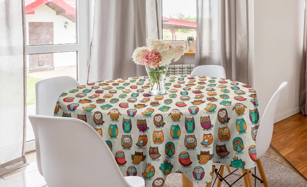 ABAKUHAUS Tovaglia rotonda con gufi, allegri cartoni animati indigeni, tovaglia rotonda per sala da pranzo, decorazione per cucina, 150 cm, multicolore