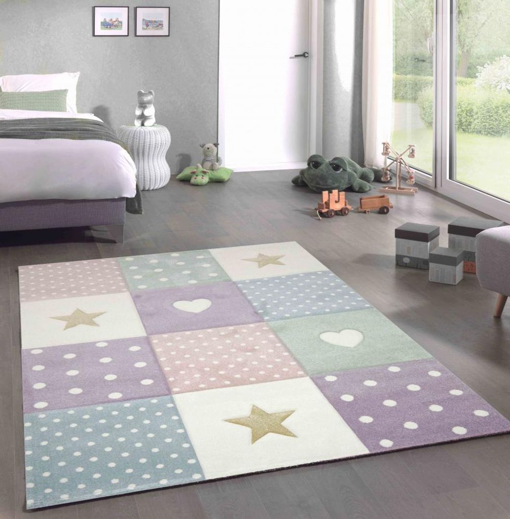 Kinderteppich Kinderzimmer Spiel Teppich Punkte Herz Stern Design creme rosa blau Größe - 120 cm Rund