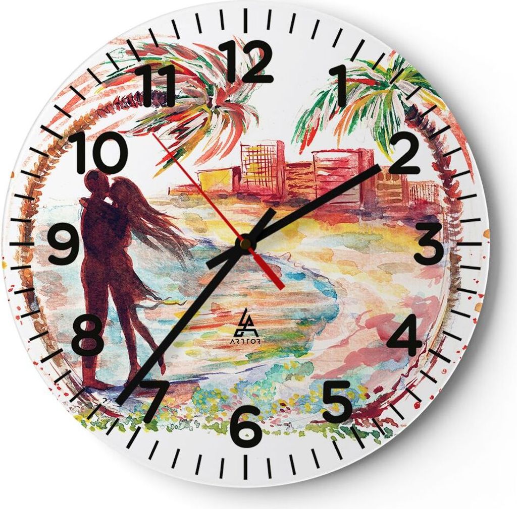 Wanduhr - Rund - Glasuhr - Liebe Palmen Ansicht Sommer - 30x30cm - Schleichendes Uhrwerk - Lautlos - zum Aufhängen bereit - Dekoration Modern - Wa...