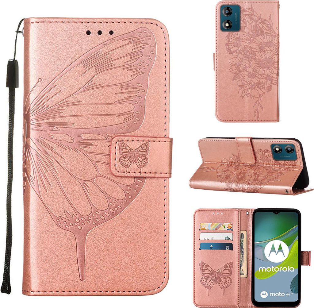 Lederhülle für Motorola Moto E13 Schmetterling Prägung Flip Ledertasche Kartenfächer Handyhülle mit Ständer Pink