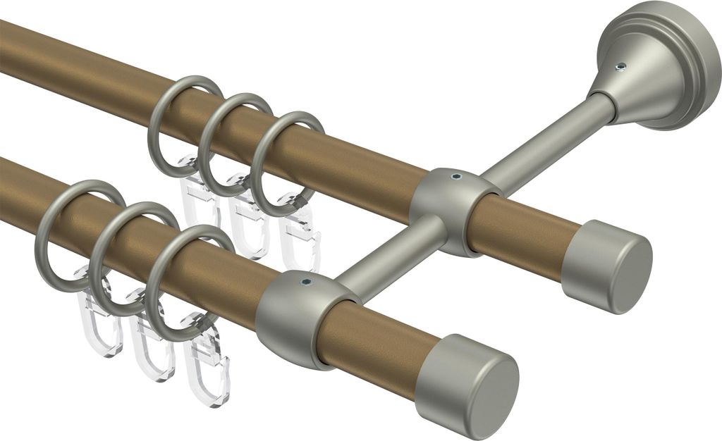 Interdeco Gardinenstange / Vorhangstange Gold matt / Chrom matt, Typ Primus Lucan (Kappe), 16 mm Ø 2-läufig, 520 cm