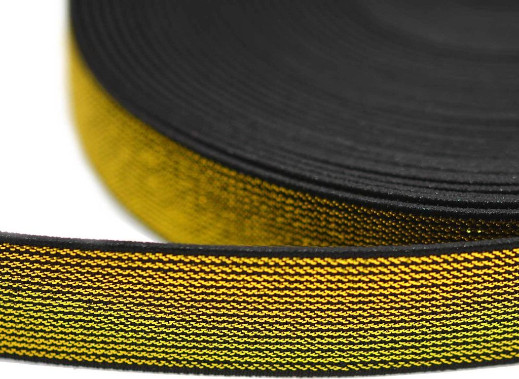 10m edles Glitzer-Gummiband elastisches Glitzerband Gummilitze Flachstrickgummi Variantenwahl, Größe:20mm, Farbe:gold-schwarz
