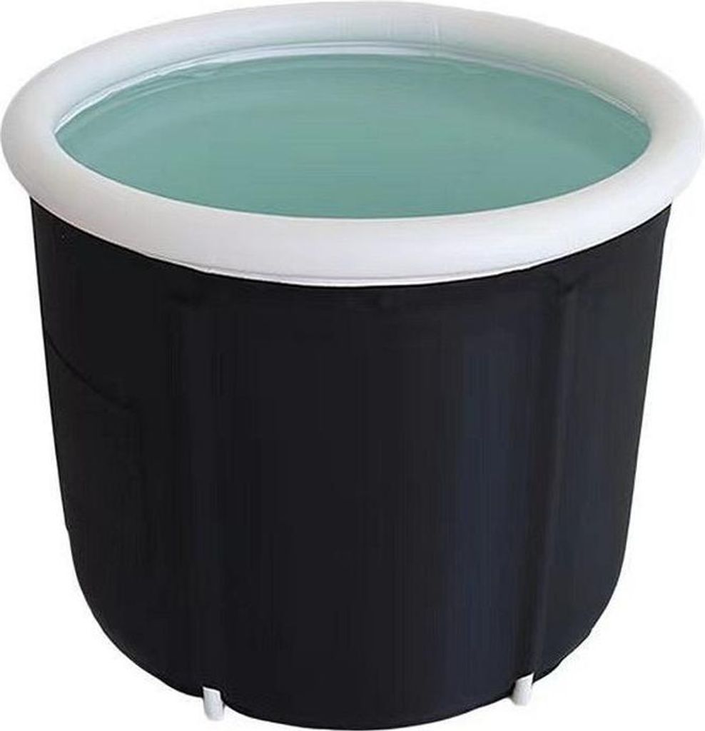 A black inflatable bathtub filled with water.