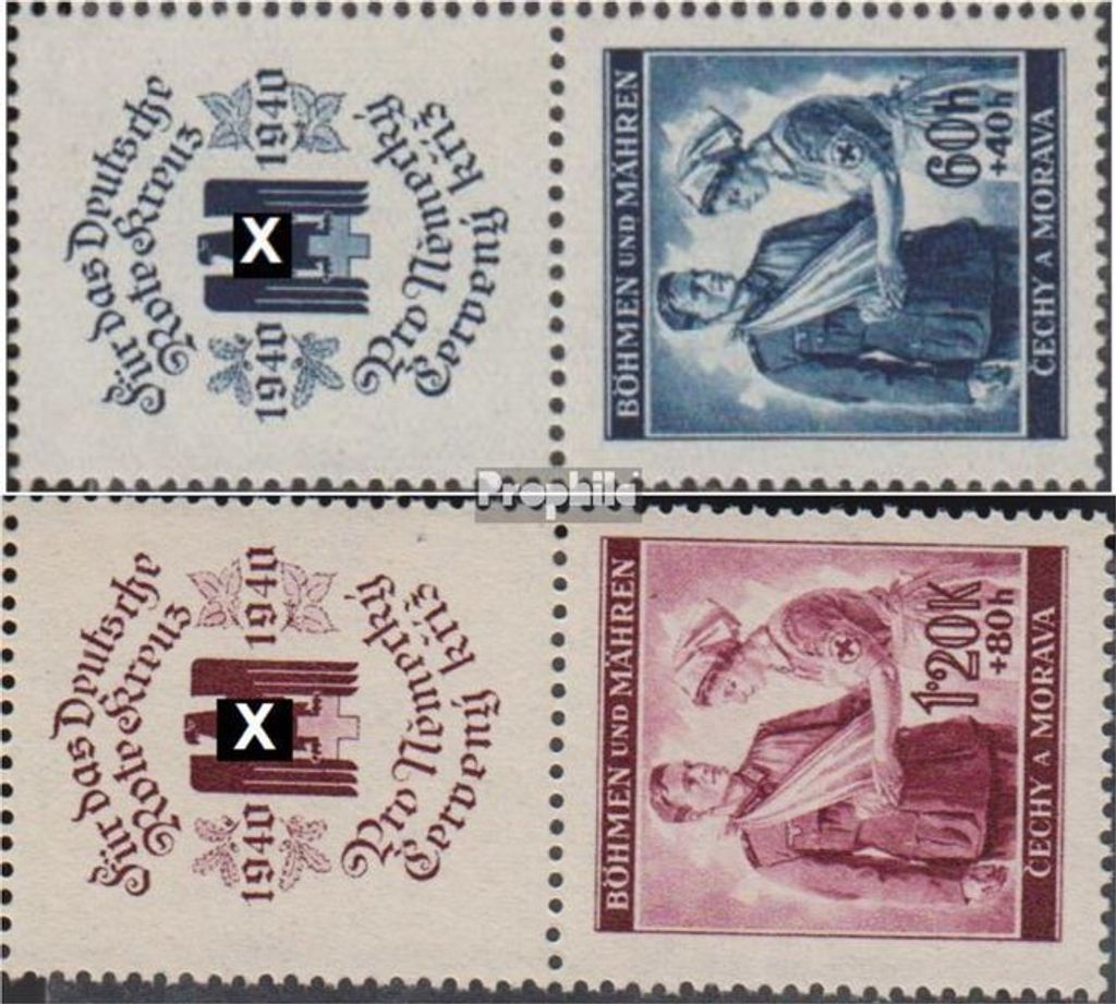 Briefmarken Böhmen und Mähren 1940 Mi 53Zf-54Zf mit Zierfeld, Lage kann variieren (kompl.Ausg.) gestempelt Rotes Kreuz