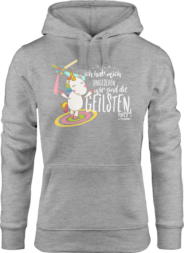 Damen Kapuzen-Pullover Ich hab mich umgesehen wir sind die geilsten hier Einhorn Party Disco Moonworks grau S
