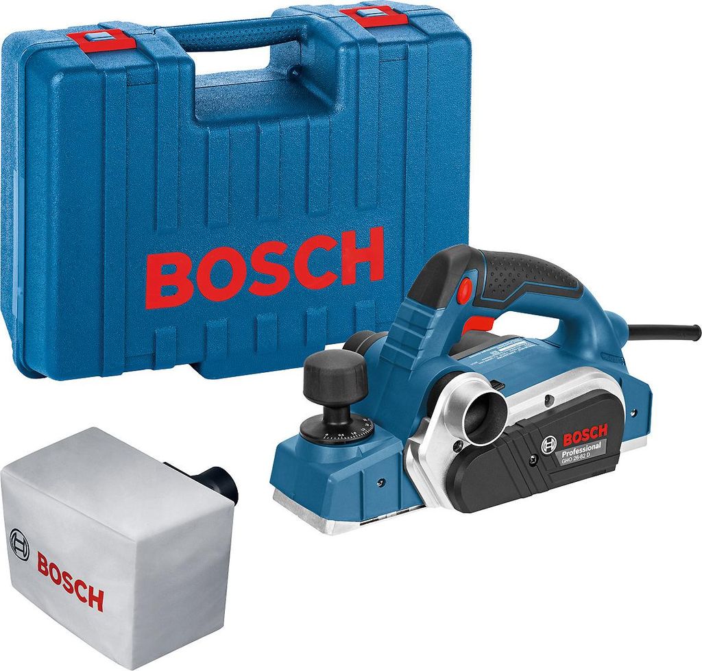 A Bosch electric planer and its accessories are displayed against a white background.