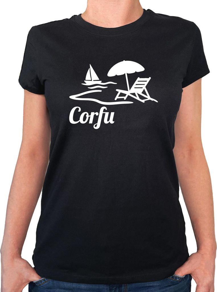 Huuraa Damen T-Shirt Corfu Griechenland M Black Bio Baumwolle Fairtrade Damenshirt Geschenkidee