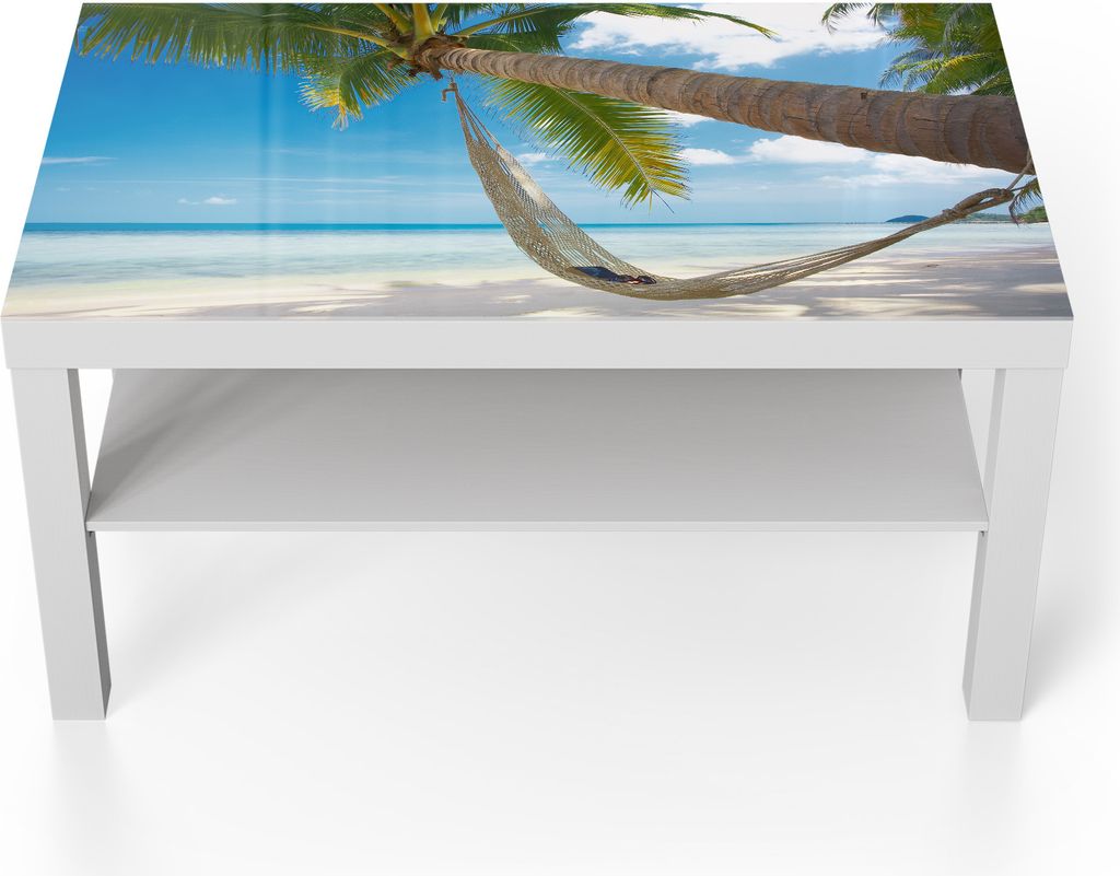 DEQORI Couchtisch 90x55 cm Weiß 'Tropische Auszeit' Glas Beistelltisch Glastisch modern