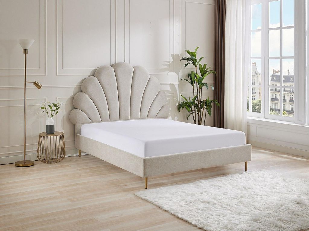 Bett mit muschelförmigem Kopfteil 140 x 190 cm - Stoff - Beige - LIVAYA