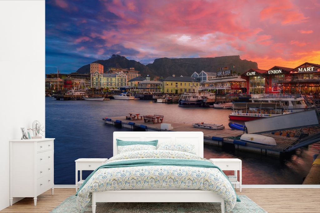 MuchoWow Fototapete für Wohnzimmer oder Schlafzimmer Wandtapete Vinyl Motivtapete Feuriger Sonnenuntergang hinter dem Tafelberg und über Kapsta...