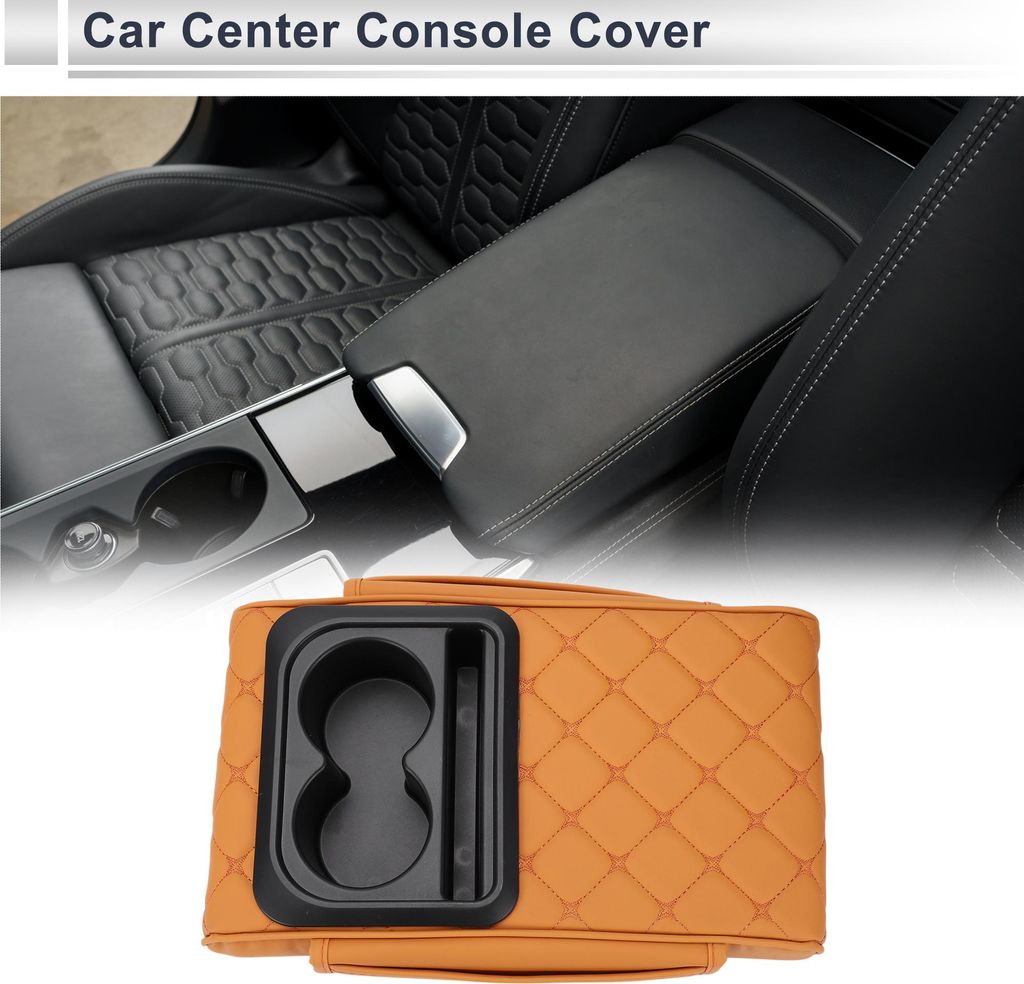 Auto Mittelkonsole Abdeckung Mittelkonsole Kissen Multifunktional 34x23x6cm / 13.39"x9.06"xx2.36" Orange Schwarz Nappa Leder