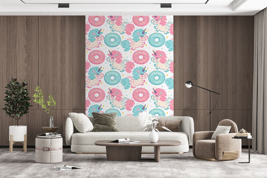MuchoWow Fototapete für Wohnzimmer oder Schlafzimmer Wandtapete Vinyl Motivtapete Einhorn - Donut - Baby - 200x300 cm - Wanddekorationen