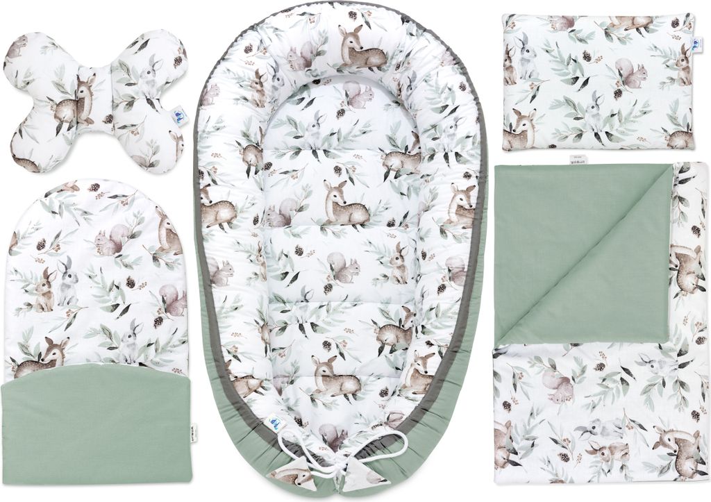 Pepi Babynest Kokon 5 teiliges Babynestchen Set für Babys Neugeborene 100% Baumwolle Kuschelnest-Set mit Krabbeldecke Kissen Green Groove