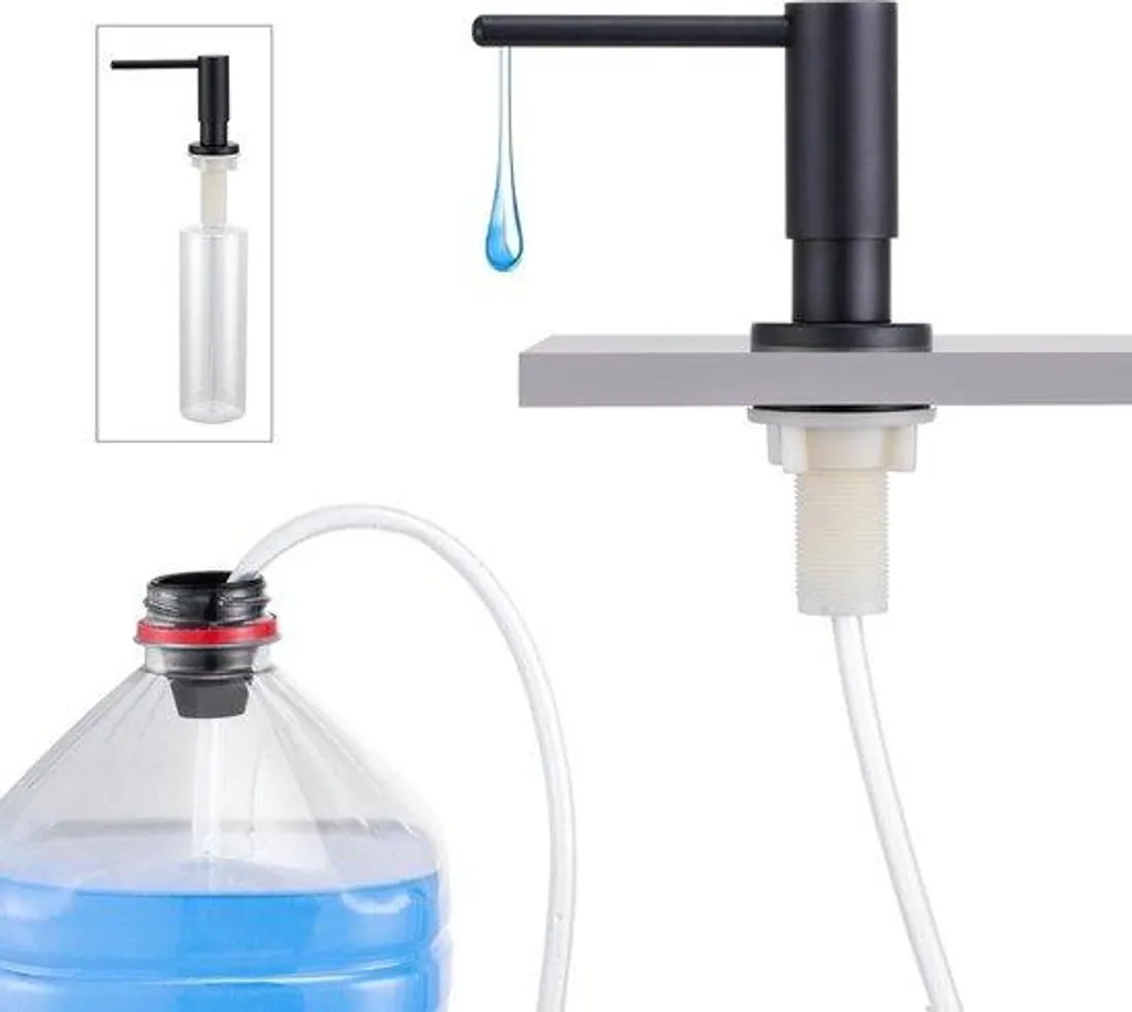 Distributeur Savon Cuisine Noir avec Tuyau Rallonge 1m et Flacon 500ml