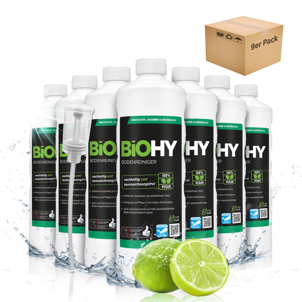 BiOHY Bodenreiniger (9x1l Flasche) + Dosierer | Konzentrat für alle Reinigungsgeräte und alle Hartböden | Angenehmer Geruch und streifenfreie Re...