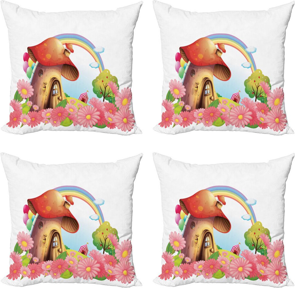 ABAKUHAUS Pilz Kissenbezug Set (4 Stück), Pilz-Haus in Garten, Moderner Doppelseitiger Digitaldruck, 45 cm x 45 cm, Mehrfarbig