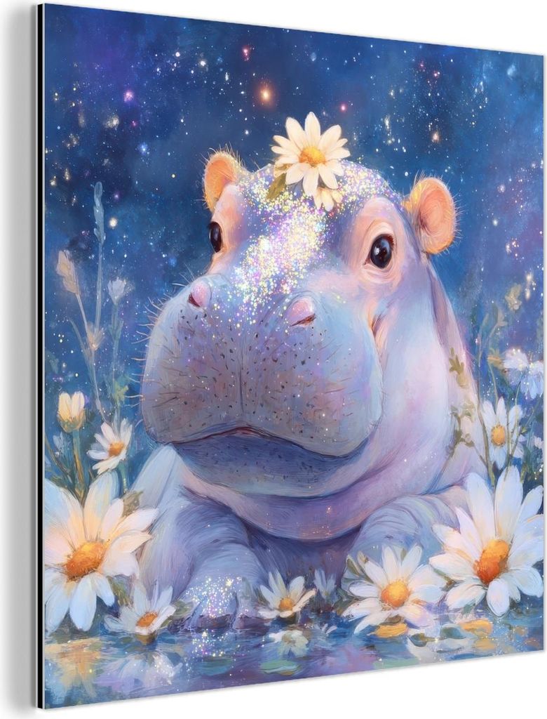MuchoWow Wanddekoration Metall Metallbild Wandkunst 90x90 cm Nilpferd - Gänseblümchen - Sternenhimmel MuchoWow Aluminium Gemälde - Dekoration - ...