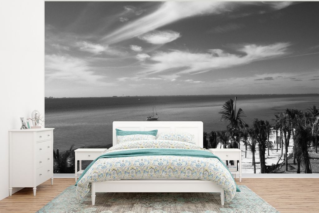 MuchoWow Fototapete für Wohnzimmer oder Schlafzimmer Wandtapete Vinyl Motivtapete Meer in der Nähe der Insel Isla Mujeres - Schwarz und weiß -...