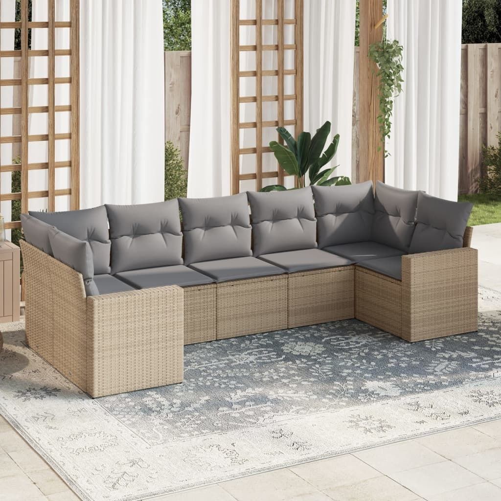 7-tlg. Garten-Sofagarnitur mit Kissen Beige Poly Rattan, Gartenstühle 3251726