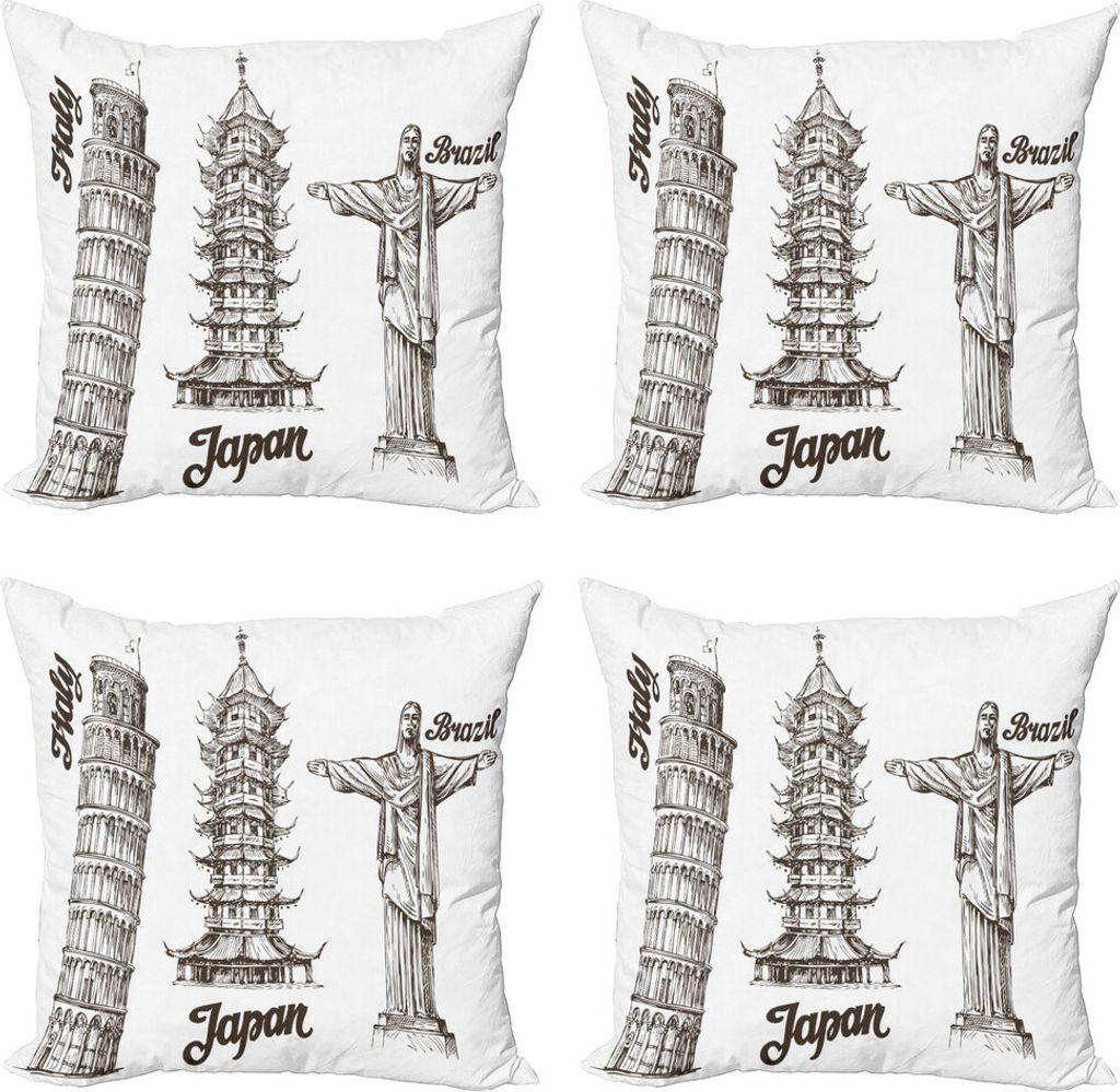 ABAKUHAUS Reise Kissenbezug Set (4 Stück), Japanische Art-Gebäude-Ansicht, Moderner Doppelseitiger Digitaldruck, 45 cm x 45 cm, Armeegrün