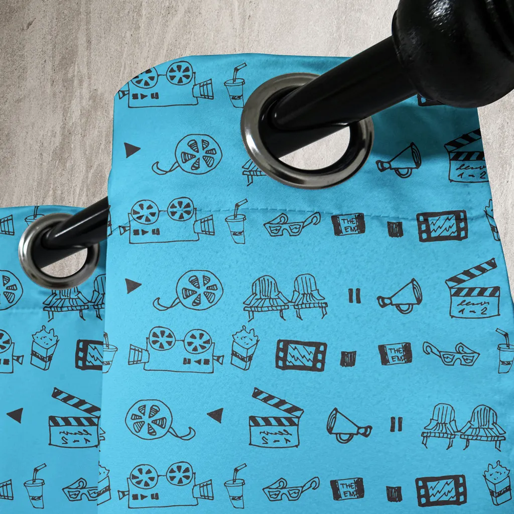 ABAKUHAUS Tenda con occhielli blu e nera, iconografie cinematografiche e teatrali scarabocchiate, macchina fotografica, sedie, popcorn, valvola a cerniera, tende decorative a 2 pannelli, 280 cm x 175 cm, azzurro e nero - 5