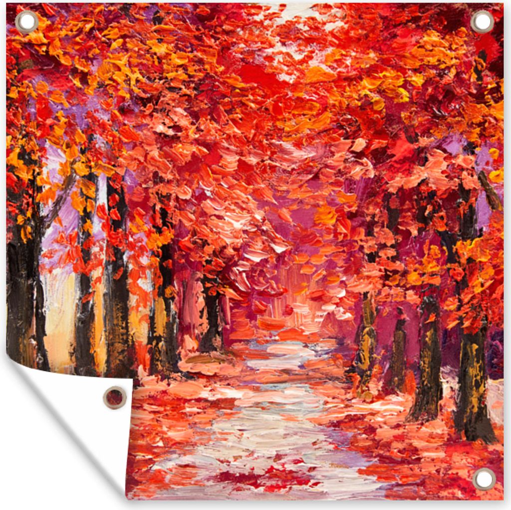 MuchoWow 100x100 cm Outdoor-Poster Gartendeko Sichtschutz Garten Poster für den Garten Gemälde - Bäume - Herbst - Ölgemälde