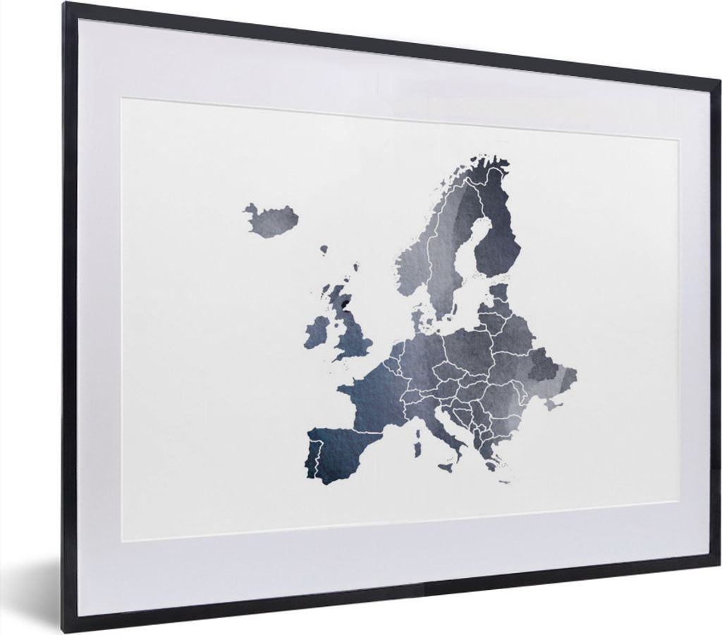 MuchoWow MuchoWow Gerahmtes Poster Karte - Europa - Aquarell 40x30 cm - Poster mit zchwarzem Bilderrahmen - Bilderrahmen - Poster im Rahmen