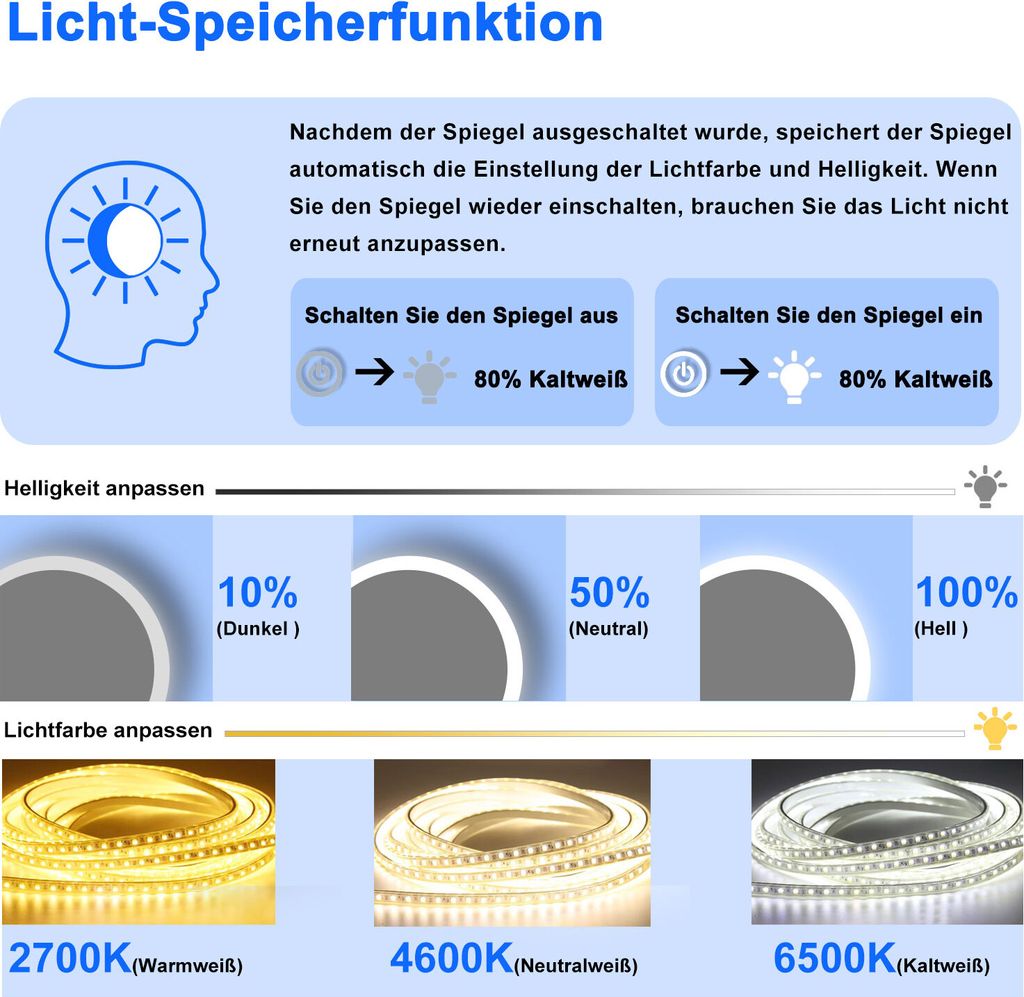 Runder LED Badspiegel 70cm mit Kosmetikspiegel 3-Fach Produktbild 7