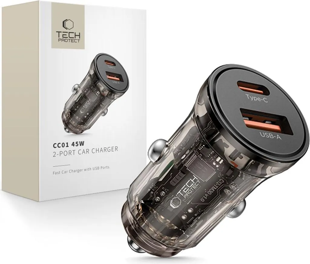 Tech-Protect Cc01 Caricabatterie da auto a 2 porte Pd45W/Qc3.0 Nero