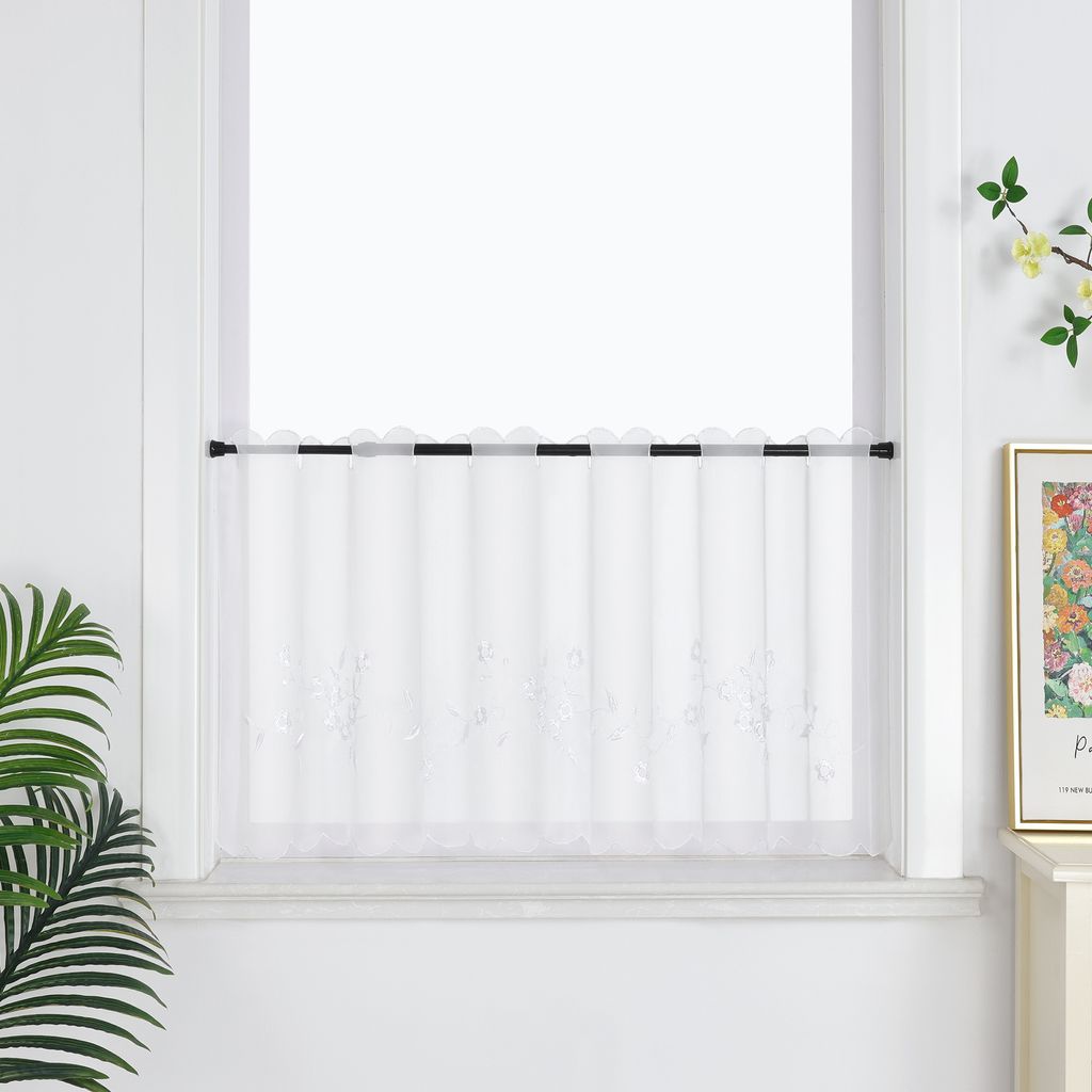 Joyswahl Scheibengardine Voile Bistrogardine mit Stickerei küche gardinen landhaus transparent Weiß BxH 90x45cm