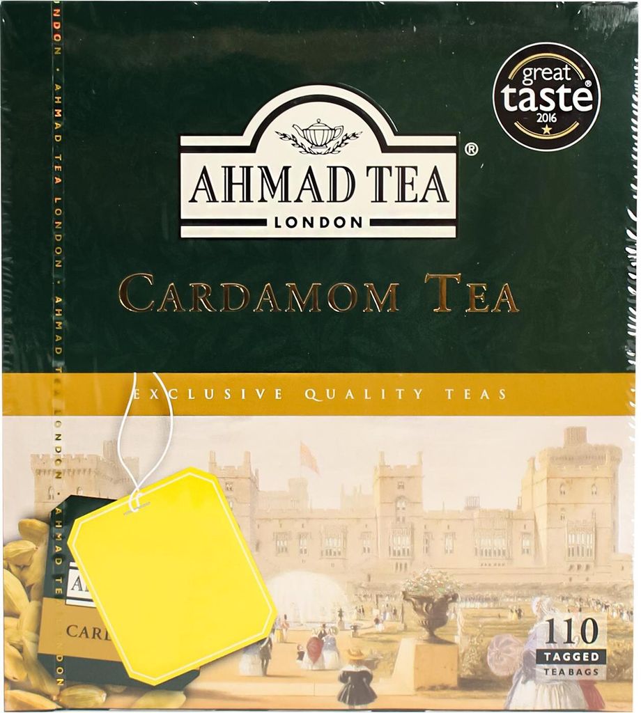 A box of Ahmad Tea Cardamom tea with a castle in the background.