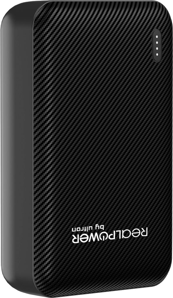 A black power bank with a carbon fiber texture.
