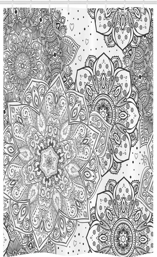 ABAKUHAUS Mandala Schmaler Duschvorhang, Eastern Floral, Badezimmer Deko Set aus Stoff mit Haken, 120 x 180 cm, Weiß und Grau